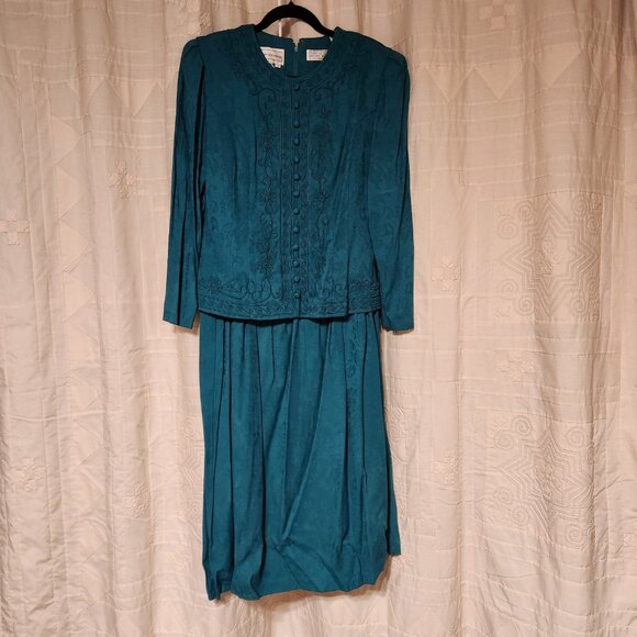 💚 VTG Karin Stevens Teal Skirt Suit Set Embroidered Shoulder Pads 💼 - Picture 2 of 8